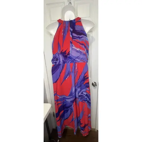 Robbie Bee Women’s Sleeveless Maxi Dress – Bold Red & Blue Ocean Print, Size 14