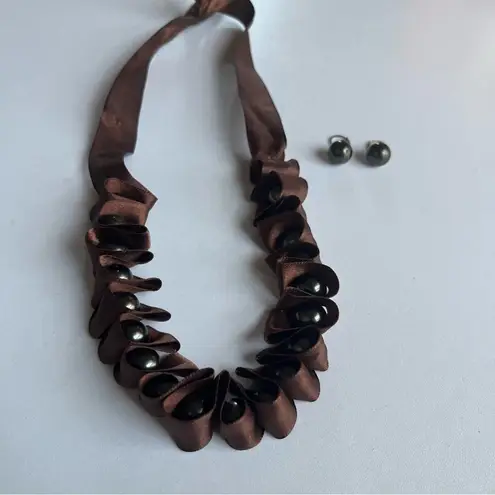 Chocolate Brown silk ribbon necklace w/ grey pearls + matching earrings Gray