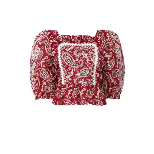 Sea New York Theodora Red Paisley Print Puff Sleeve Square Neck Crochet Trim Top