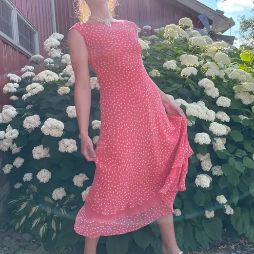 Vintage Chadwick’s Silk Polkadot Boat Neck Preppy Twee Midi Dress Small Pink