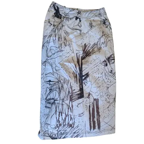 Vintage John Galliano Skirt Denim Pencil Sketches Printed Kendall Jenner Owned Brown Size XS