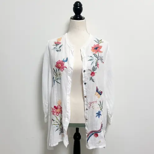 Johnny Was Workshop White Embroidered Jordan Voyager Button Up Woven Tunic Small