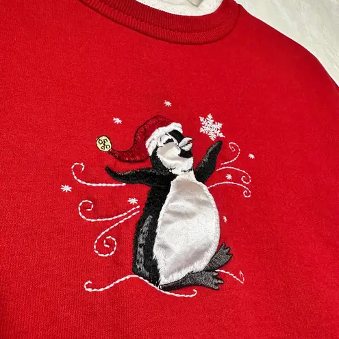 VTG Top Stitch Morning Sun Large Red Collared Sweater Holiday Christmas Penguin