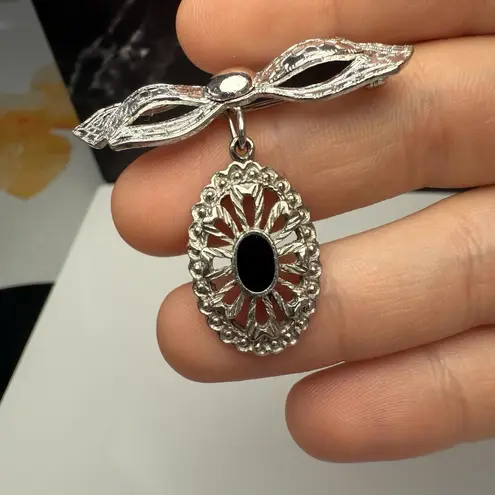 Art Deco Style Silver Tone Brooch Pin 1/20 12 KG F.C.T. Bow Top Unsigned Dangle