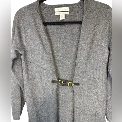 Ellen Tracy Tunic Sweater 100% Merino Wool Cardigan Women Gray Long Sleeve Belt
