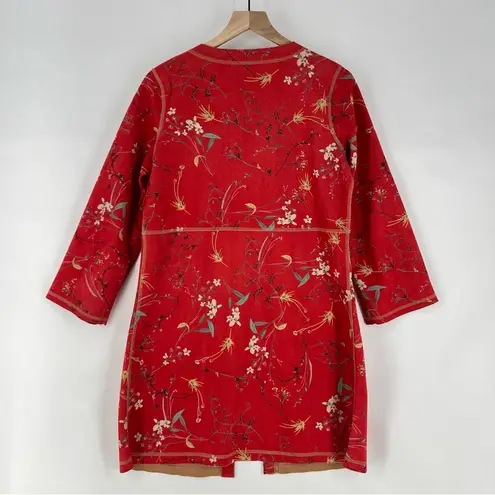 Solitaire Floral Print Faux Suede Cropped Flare Sleeve Long Line Kimono Jacket