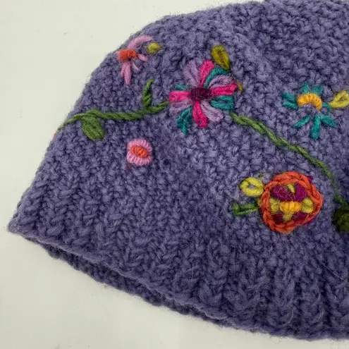 Lost Horizons Hat Nepal Made 100% Wool Interior Fleece Knit Embroidery Crochet Purple