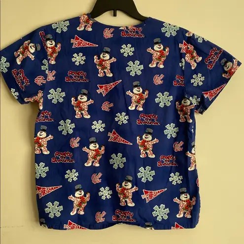 Frosty the Snowman Christmas Holiday Scrub Top Womens Medical Medium retro Blue