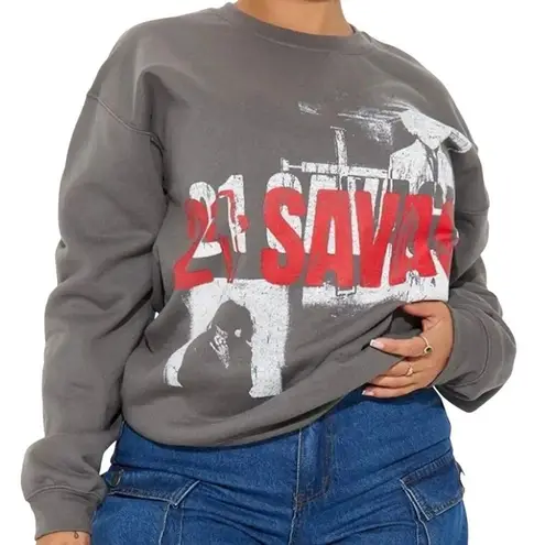 21 SAVAGE Washed Crewneck Sweatshirt in Charcoal, Size S, New without Tag Gray