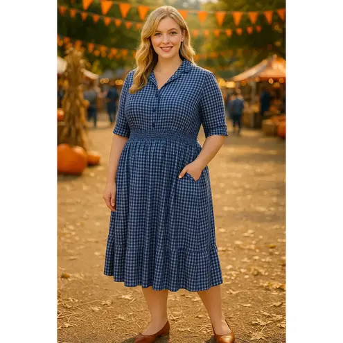 Eshakti Blue Gingham Check Midi Dress Women's XL 2X Cotton Lined Pockets