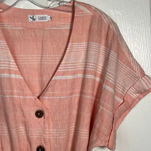 Carve Designs Willow Linen Blend Dress Sz XS Guava Stripe Button Front Pink Whit