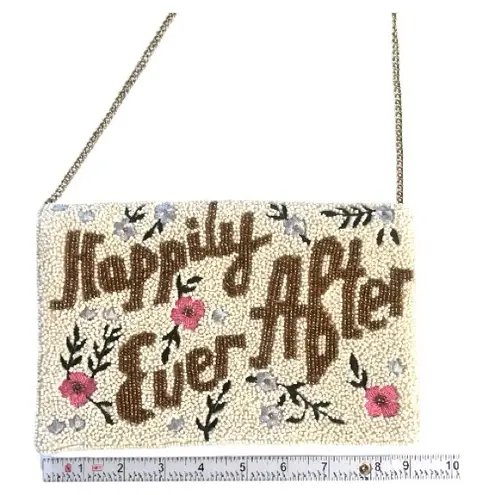 Happily Ever After Beaded Bridal Clutch Ivory Floral Canvas Snap Closure Gold
