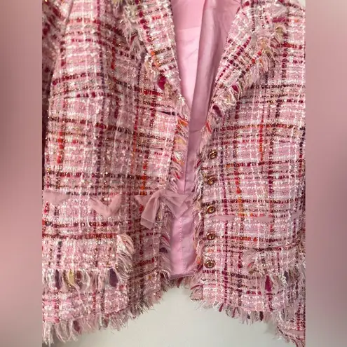 Teri Jon by Rickie Freeman Pink Preppy Wool/Silk Tweed Blazer Bow Jacket Blazer Size 2