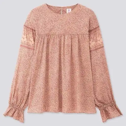 Anna Sui x Uniqlo Peasant Boho Printed Bishop Sleeve Blouse Mauve Size XS