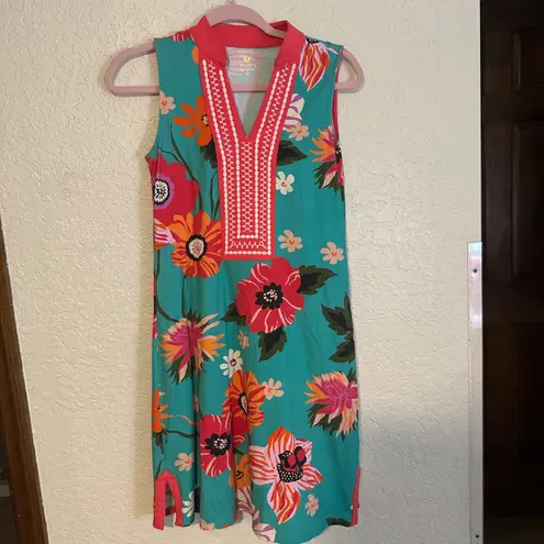 Spartina 449 Spartina Turquoise Floral V-Neck Sleeveless Dress XS Cotton Blend Embroidery