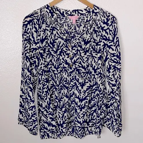 Lilly Pulitzer  navy blue coral print silk blouse M