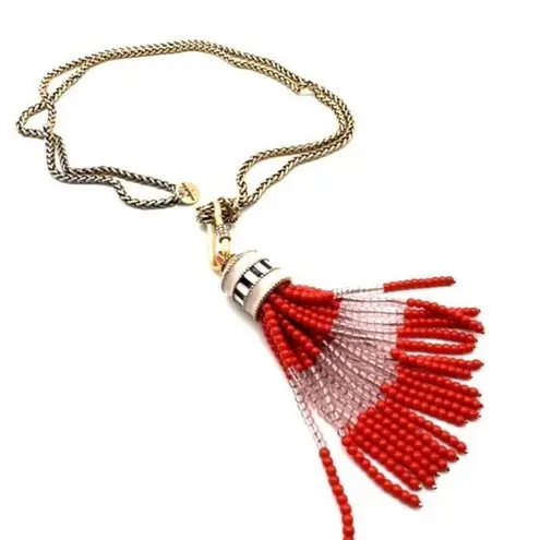 Stella & Dot Retired Coral Red Gold Beaded Brio Tassel Necklace Long