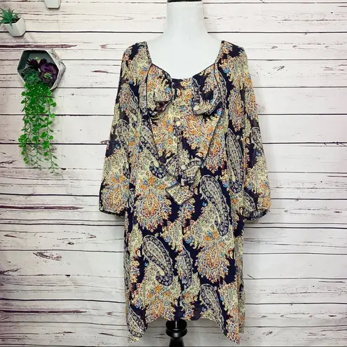 Umgee  Boho Paisley Print Big Bow Tunic Dress Size Large