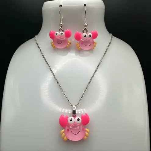 Pink and Yellow Glitter Crab Necklace and Earring Jewelry Set