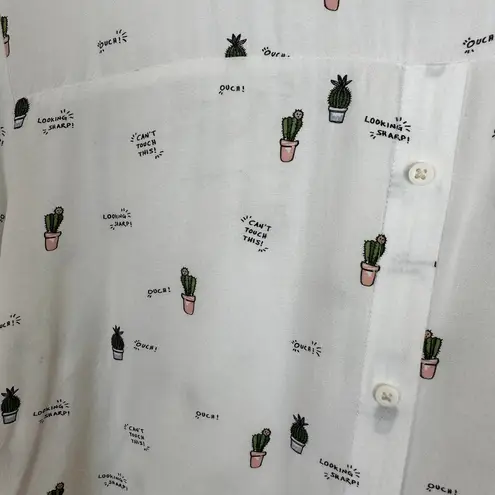 Bershka BSKGIRL Cactus Print Women's Button Down Long Sleeve Shirt White Size S