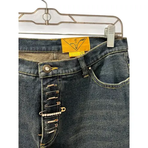 Ane' V Y2k Vintage Rhinestone Safety Pin Denim Blue Jeans Size 10 Bling Distress