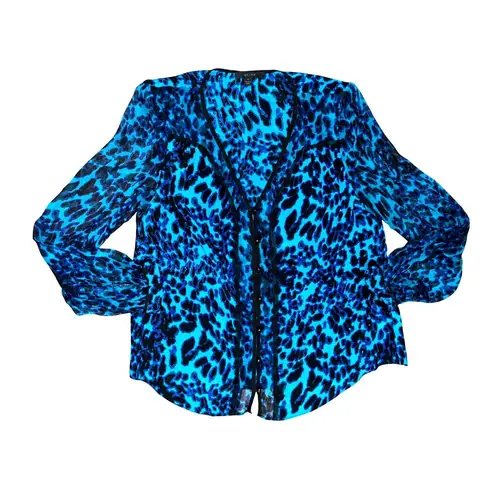 Arynk Large Blue Black Mulberry Silk Sheer Leopard Animal Print Blouse City Styl