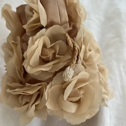 Vintage Roses on Satin Classic Taupe Mini Handbag Leather Handle Tan