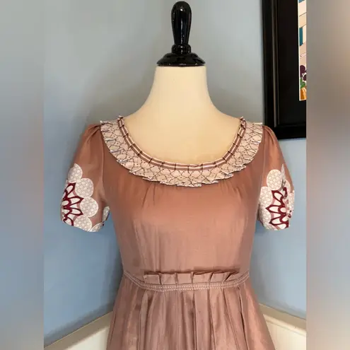 Retro Style Border Print Midi Dress by European Designer Langbow Sz 6 Brown