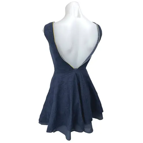 Ark & Co. Navy Blue Yellow Zip Up Floral Embroidered Pleated Mini A Line Dress S