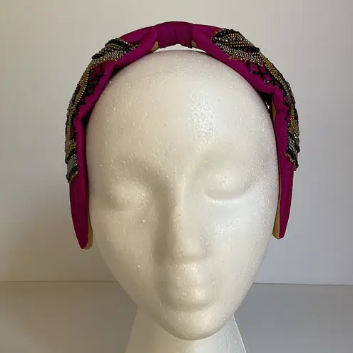 Mexican Beaded Padded Headband Fuchsia Turban Style Boho Embroidered Accessory Black