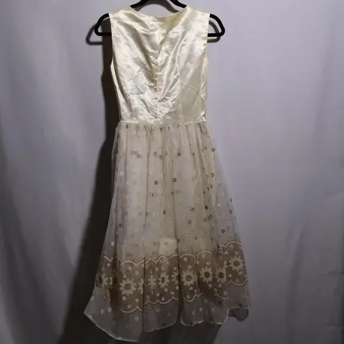 VTG Handmade Ivory Cream Dress Satin & Tulle Sunflowers Floral Talon Zipper XS