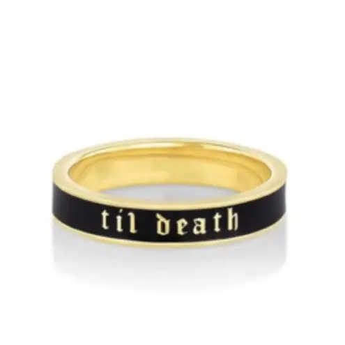 Gold & Black “’til death” Enamel Ring – Size 7 – Stackable Gothic Wedding Band