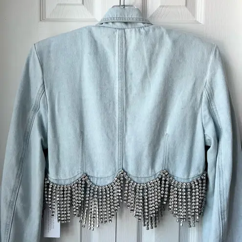 AREA Scalloped Embellished Cropped Denim Jacket in Pale Blue, Size 4, NWT Silver