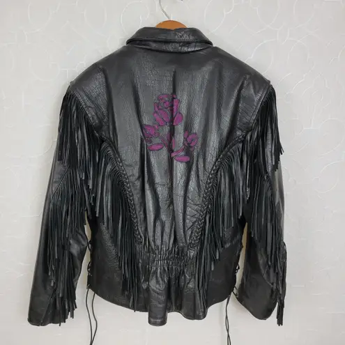 Daytona Joe Womens Moto Jacket Size XXL Black Purple Rose Zip Front Fringe