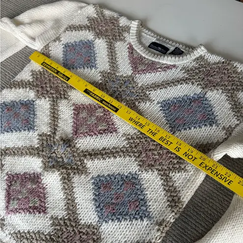 Vintage 80s 90s Hunters Run Tan White Pink Argyle Knit Sweater Size Large