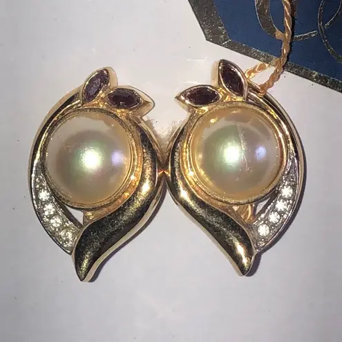 Crystaline Brand Lustrous Gold Tone and Faux Pearl Retro Boho Leaf Earrings