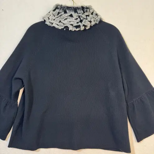 INC Fur Trimmed Collar Snap Front Black Sweater 3/4 Bell Sleeves Size X