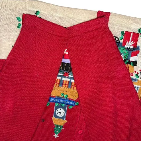 VTG 90s Victoria Jones Christmas Sweater Sz L Embroidered Cardigan Train Village Red Size L