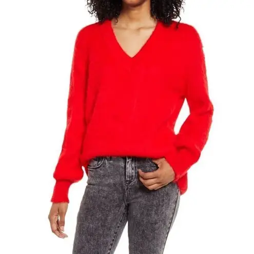 BP NWT  Red Poinsettia Deep V-Neck Fuzzy Pullover Sweater