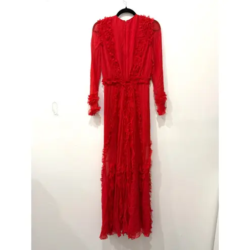 Alexis  100% Silk Cascading Ruffles Janine Evening Maxi Dress Red Women's Size XS