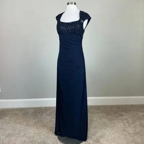 Betsy and Adam Sequined Lace Embellished Long Column Evening Gown Navy Blue Size 8