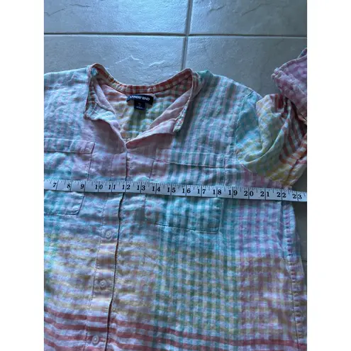 Lands End Top Womens XL Pastel Plaid Linen Casual Preppy Coastal Career Pink