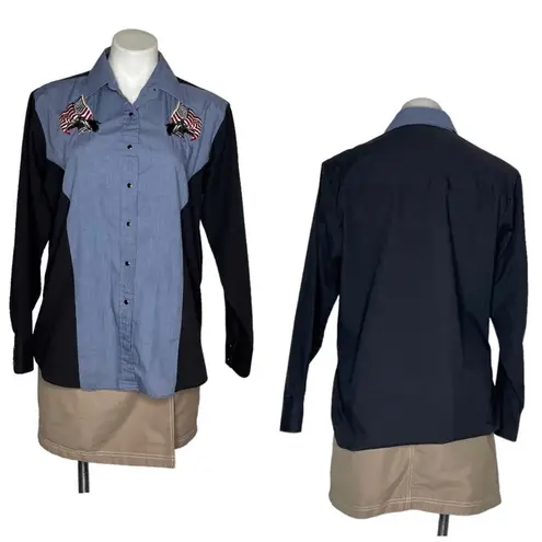 ELY Country Charmers Western Shirt USA Flag Horses Black Snaps Vintage 70’s Blue Size L