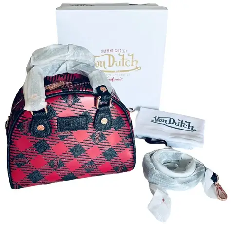 Von Dutch NEW Red & Black Plaid HANDBAG Bowling Bag Crossbody Satchel Purse NWT
