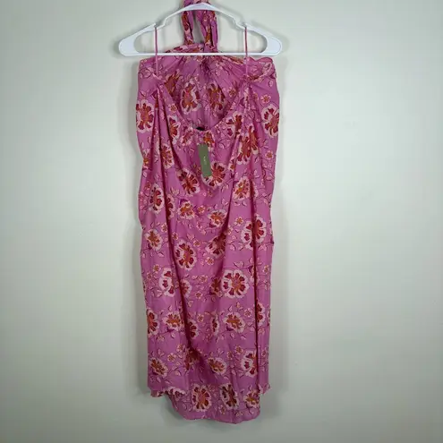 J.Crew  Cotton Pink Orange Floral Tie Neck Halter Midi Dress Size Medium New