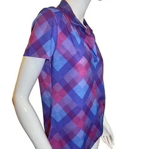 Vintage 70s Argyle Plaid Short Sleeve Blouse Medium Magenta, Bubblegum Pink