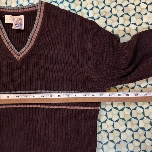 VTG Bennington California V Neck Sweater Burgundy Ribbed Stripe Women's XL Brown