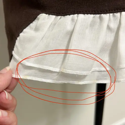 Birdie Bee Brown White Pleated Button Up Short Puff Sleeve Collared Top XS