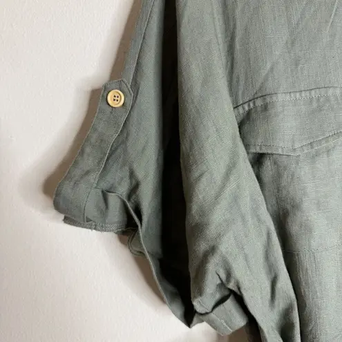 Mable Romper Womens Large Short Sleeve Belted Utility Button Up Linen Blend Jump Green