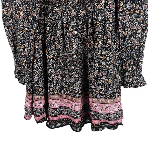 Wonderly NWT Mini Dress Womens L Black Long Sleeve Floral Bohemian Cottagecore